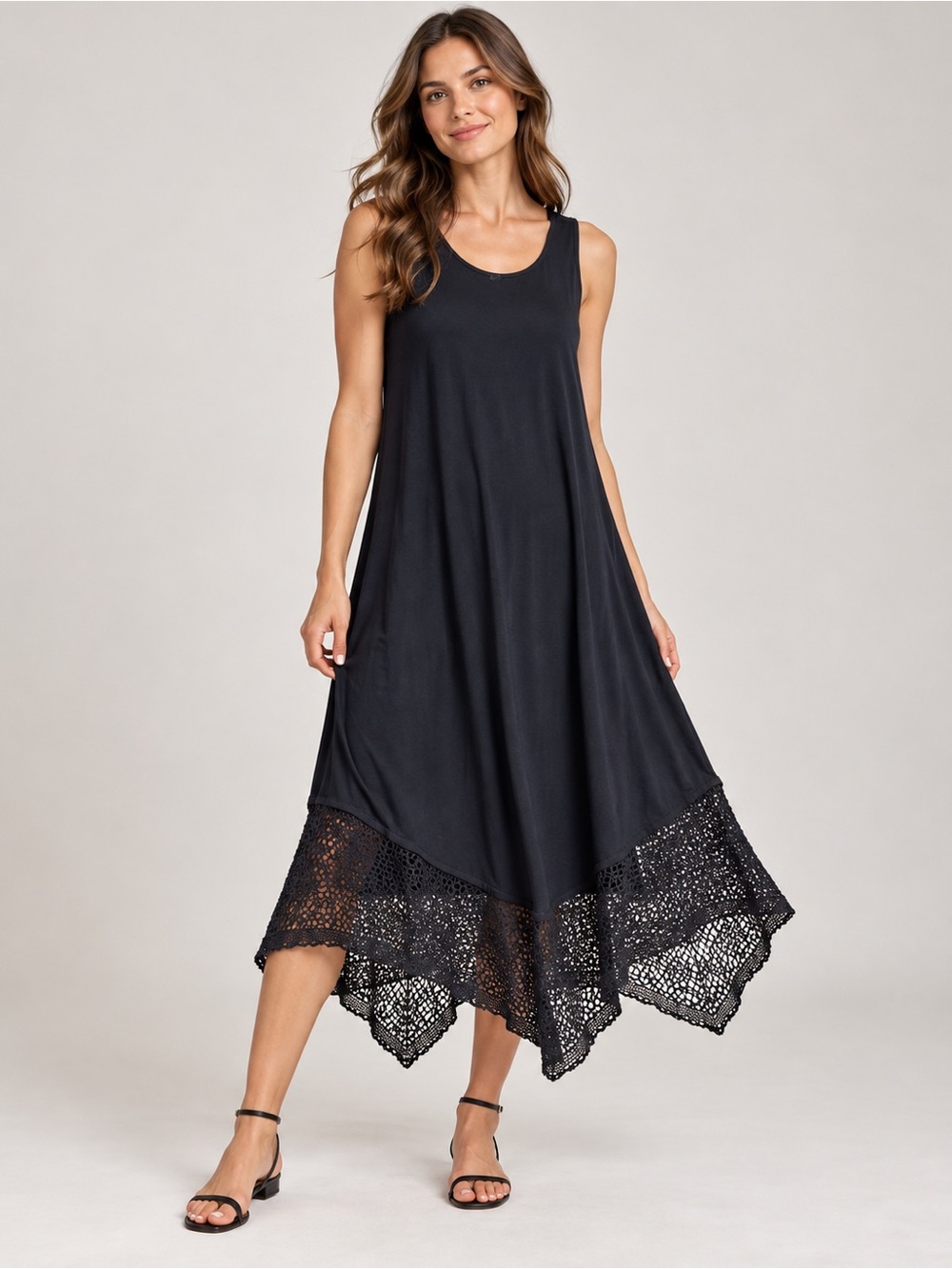 Eileen Fisher Black Sleeveless Swing Dress with Crochet Hem
